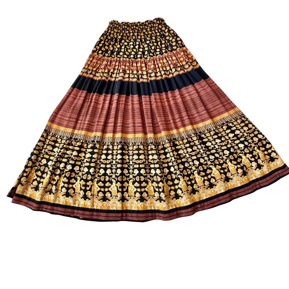 A.K.F. New York Vintage Boho Maxi Skirt Black Rust Gold Pleated Tiered Size M